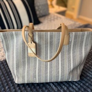 Coach black, white, and taupe striped tote